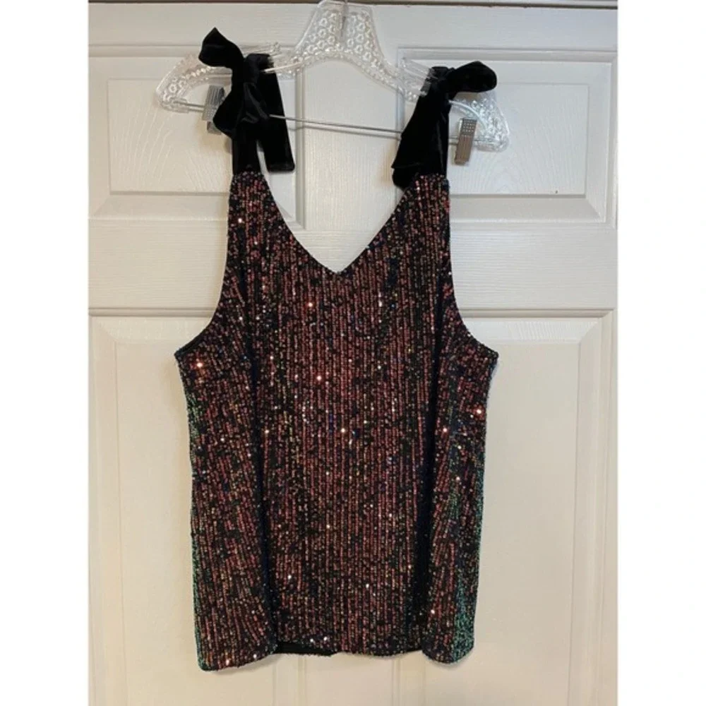 NEW XL Sequin Tank Top Girls Night Out V Neck Velvet Tie Strap Sparkle Jess Lea